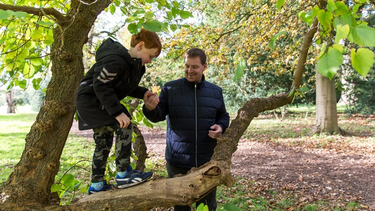 A little boy climbing a tree with a man holding his hand to help